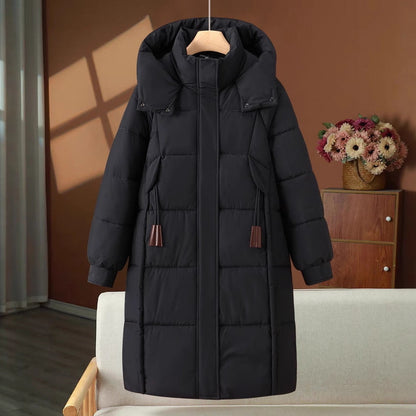 Damen Langer Winter Steppmantel mit Kapuze und Reißverschluss