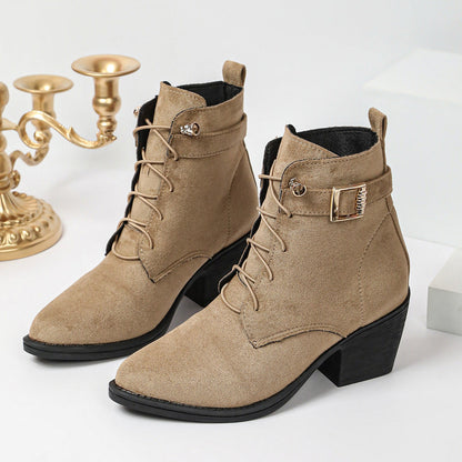 Damen Schnür-Stiefeletten mit Blockabsatz und Schnallendetail in Khaki