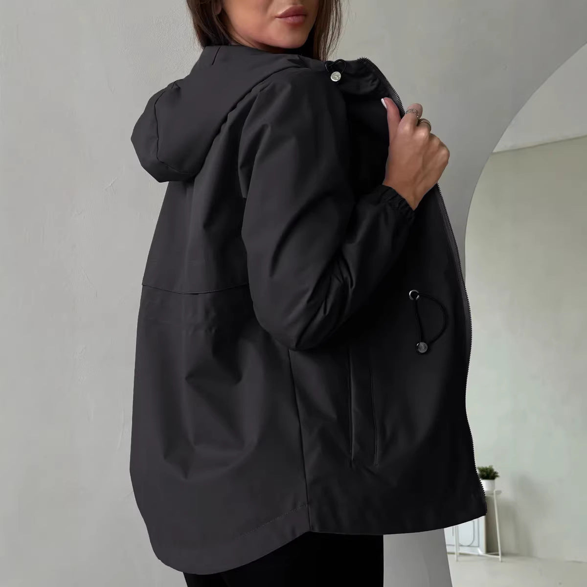 Damen Jacke mit Kapuze und Kordelzug in der Taille, Leichte Übergangsjacke