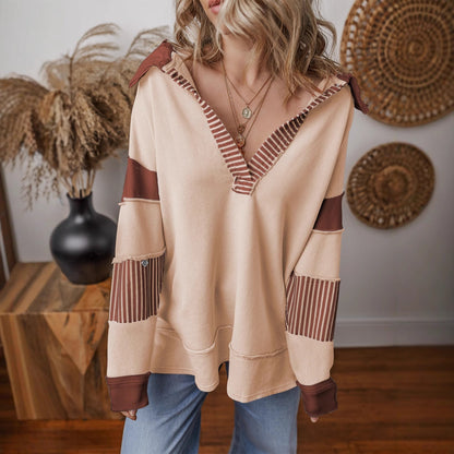 Damen Hoodie Pullover V-Ausschnitt Langarm Sweatshirt mit Streifenpatches