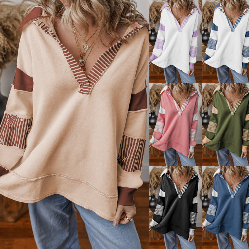 Damen Hoodie Pullover V-Ausschnitt Langarm Sweatshirt mit Streifenpatches
