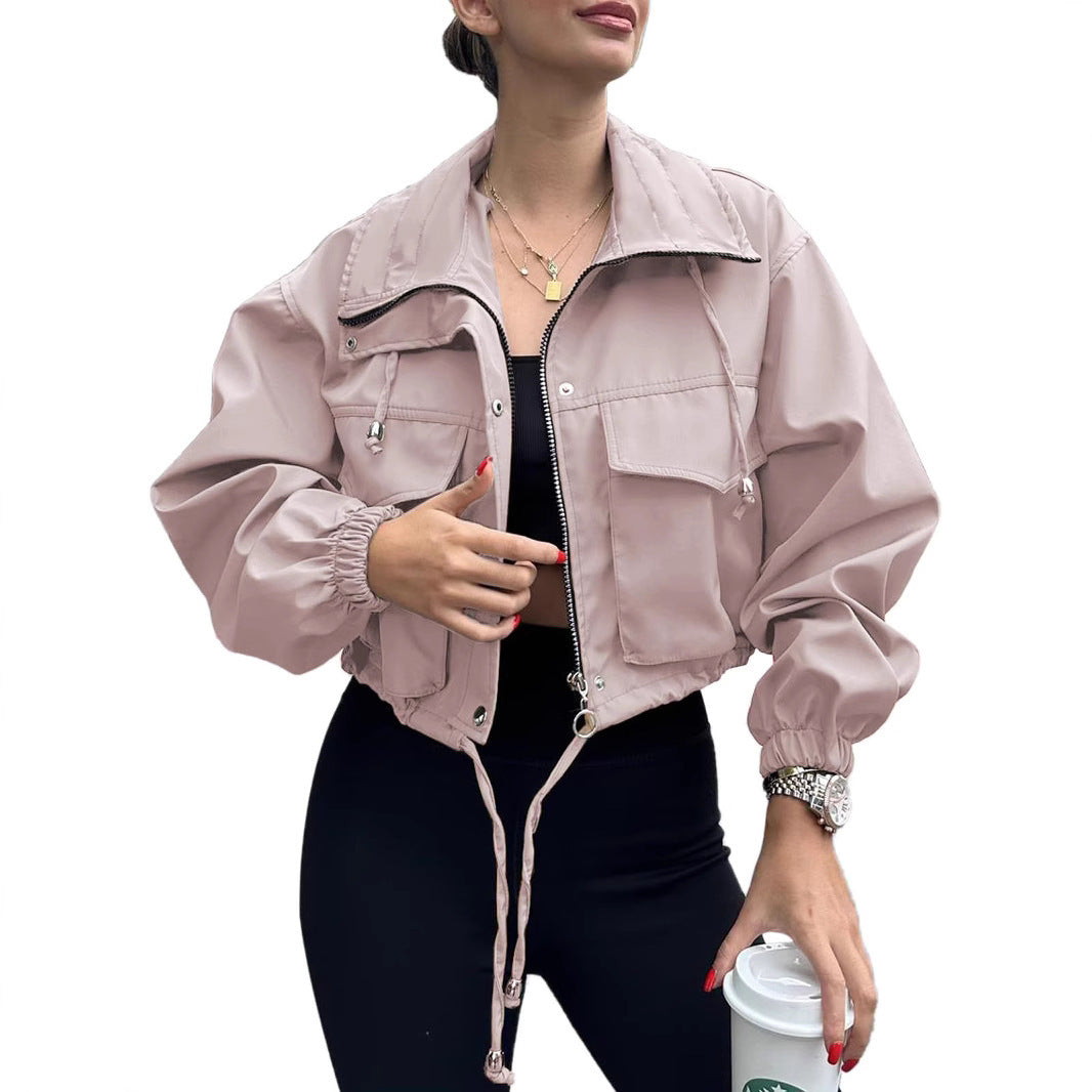 Kurze Damen Bomberjacke mit Stehkragen & Taschen