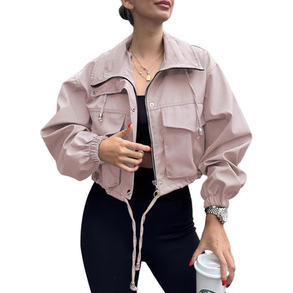 Kurze Damen Bomberjacke mit Stehkragen & Taschen