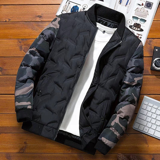 Herren Bomberjacke Gesteppt mit Camouflage Ärmeln Reißverschluss Stehkragen