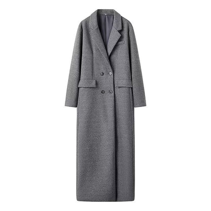 Grauer Maxi-Mantel Oversize Zweireiher Damen