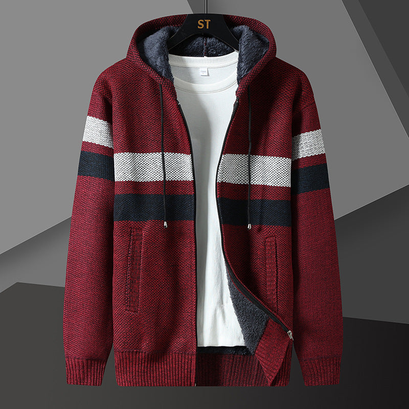 Herren Strickjacke mit Kapuze & Reißverschluss, gefüttert, gestreift