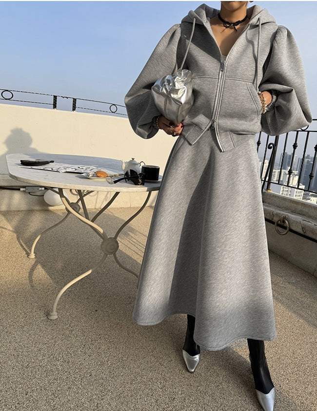 Damen Hoodie & Midirock Set mit Puffärmeln, Zweiteiler