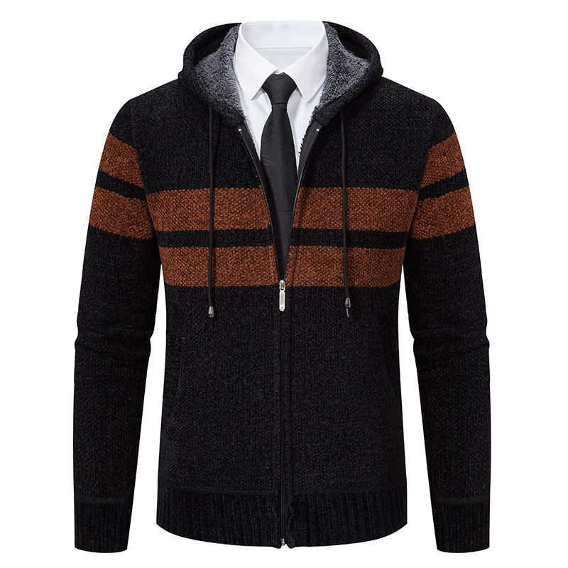 Herren Strickjacke mit Kapuze, Reißverschluss und Streifen, gefütterter Kapuzenpullover
