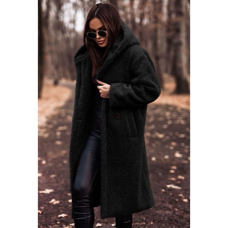 Damen Teddyfell-Mantel mit Kapuze – Langarm Wintermantel