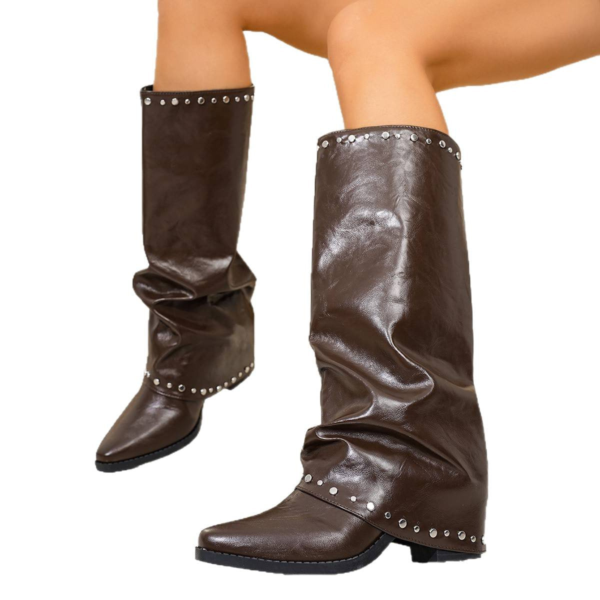 Damen Stiefel Schwarz mit Nieten, Hoher Schaft, Spitzer Zeh