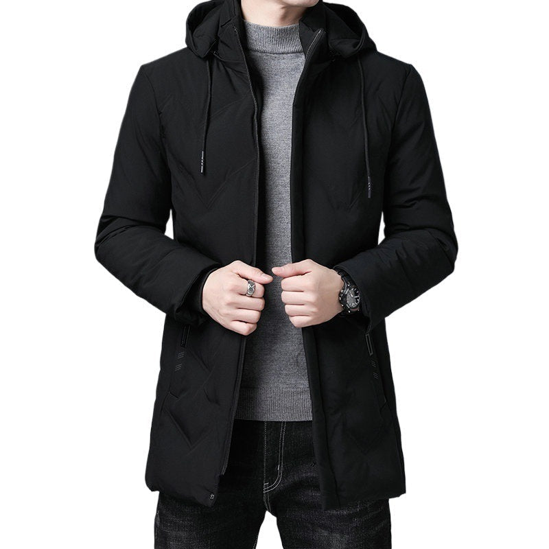 Herren Steppjacke mit Kapuze, mittellang, Reißverschluss, Schwarz