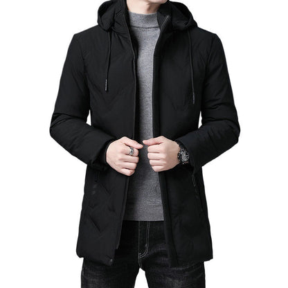 Herren Steppjacke mit Kapuze, mittellang, Reißverschluss, Schwarz