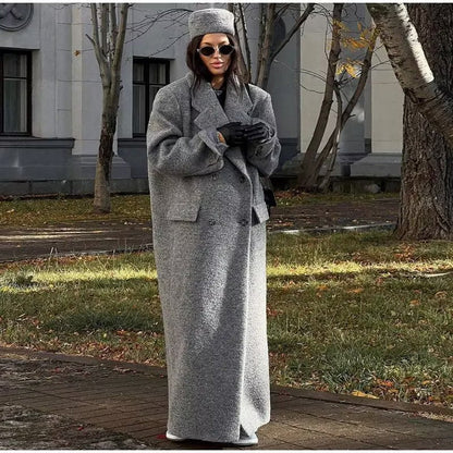 Grauer Maxi-Mantel Oversize Zweireiher Damen