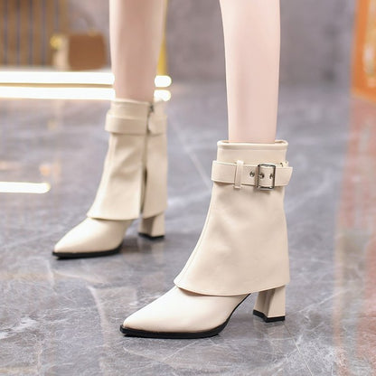 Damen Stiefelette mit Blockabsatz und Schnallendetail, spitzer Zehenbereich, Reißverschluss