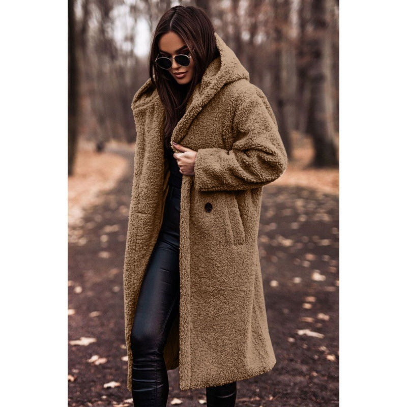 Damen Teddyfell-Mantel mit Kapuze – Langarm Wintermantel