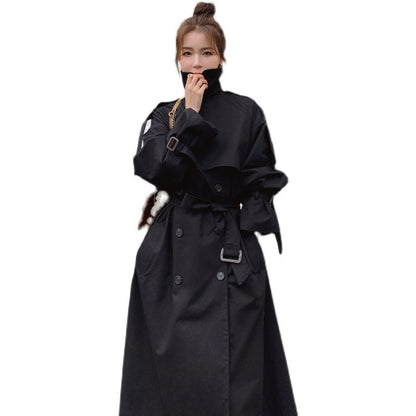 Damen Langer Trenchcoat Schwarz Doppelreiher mit Bindegürtel