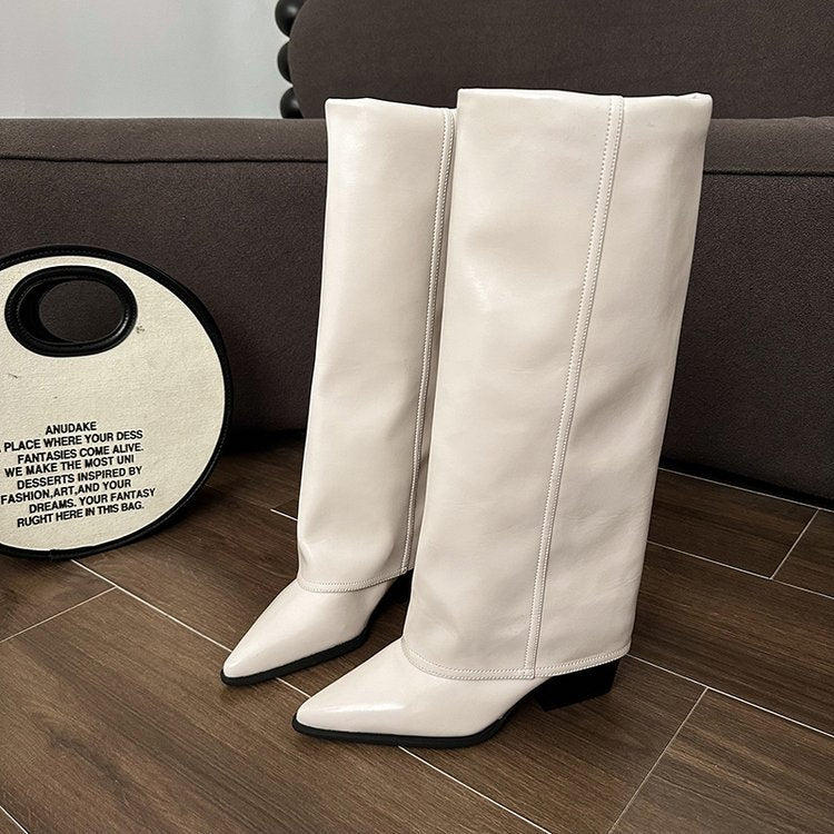 Damen Stiefel in Falten-Optik mit spitzer Zehenpartie und Blockabsatz