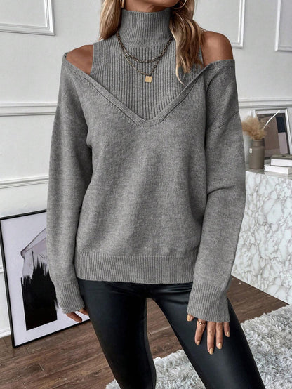 Damen Strickpullover Cold Shoulder Rollkragen Oversize V-Ausschnitt
