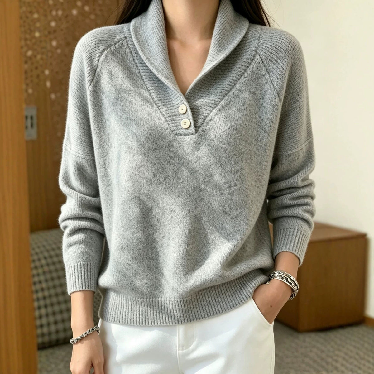 Damen Schalkragen Pullover mit Knöpfen - Weiches Strickoberteil