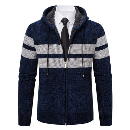 Herren Strickjacke mit Kapuze, Reißverschluss und Streifen, gefütterter Kapuzenpullover