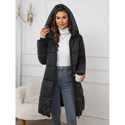 Damen Winter Steppjacke lang mit Kapuze und Reißverschluss, gefüttert