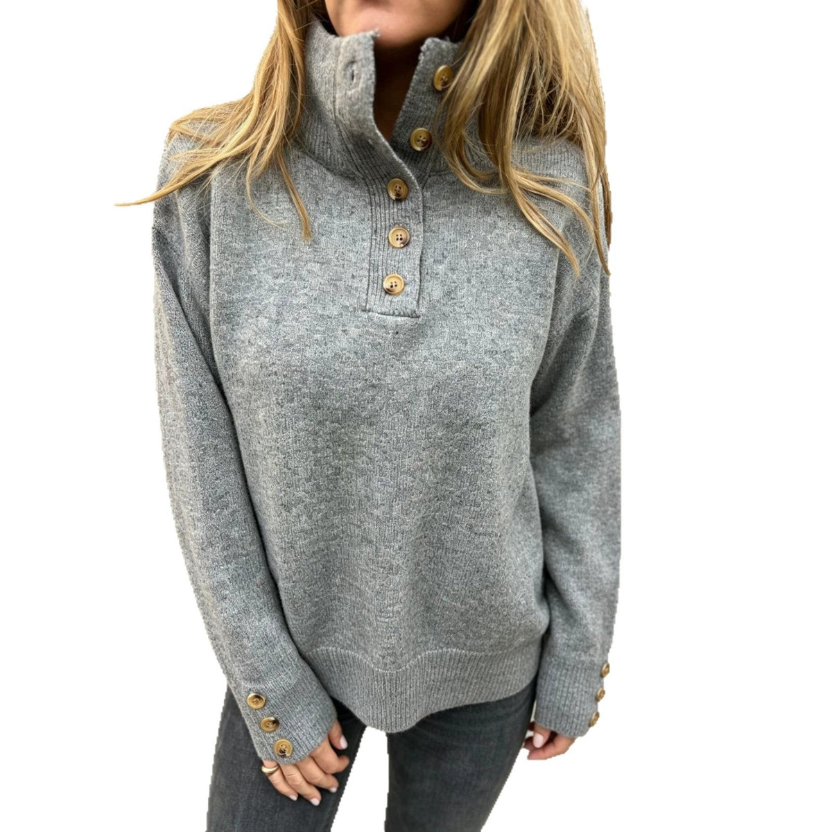 Damen Stehkragen Pullover mit Knopfleiste und Holzknöpfen an Ärmeln