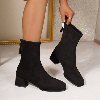 Damen Stiefeletten Schwarz Braun Blockabsatz Reißverschluss Quaste
