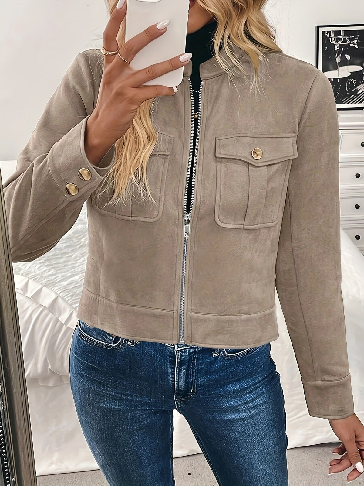 Damen Kurzjacke mit Reißverschluss und Klappentaschen