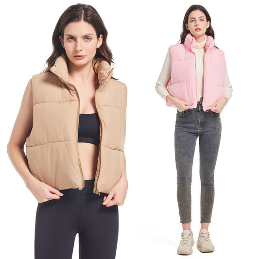 Kurze Damen Puffer Weste mit Stehkragen und Reißverschluss