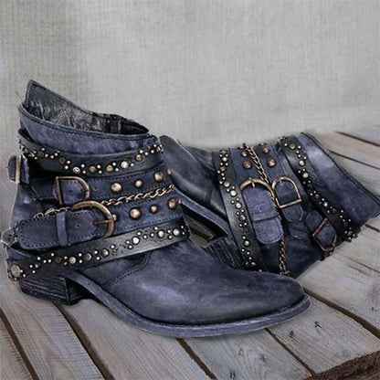 Damen Western Stiefel Vintage-Optik Ankle Boots mit Nieten und Schnallen