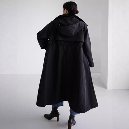 Damen Langer Mantel Schwarz mit Kapuze und weitem Schnitt