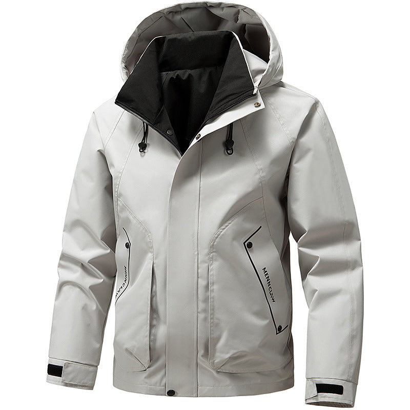 Herren Outdoor Jacke mit Kapuze & Reißverschluss, Winddicht, Hellgrau