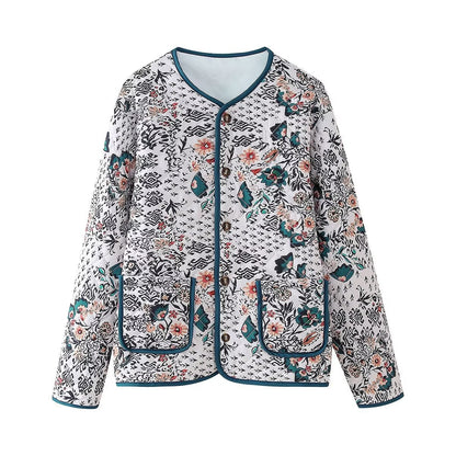 Damen Steppjacke im Blumenmuster mit Kontrastbesatz