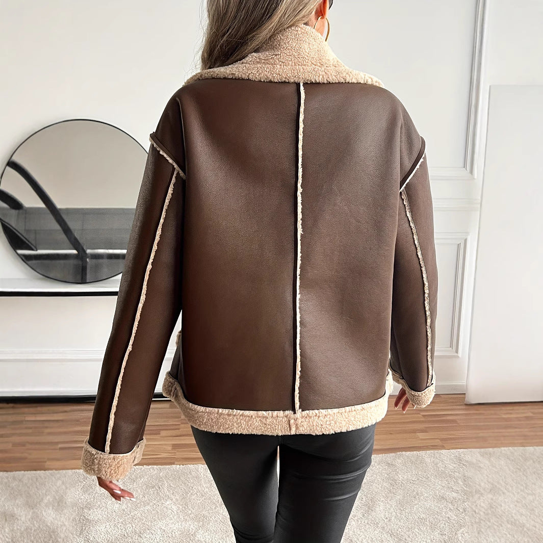 Damen Kurzjacke mit Teddyfutter, Kunstleder-Optik, Braun/Beige