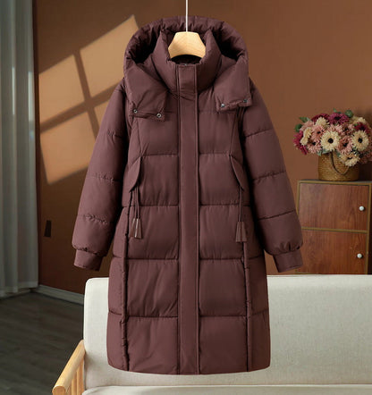Damen Langer Winter Steppmantel mit Kapuze und Reißverschluss