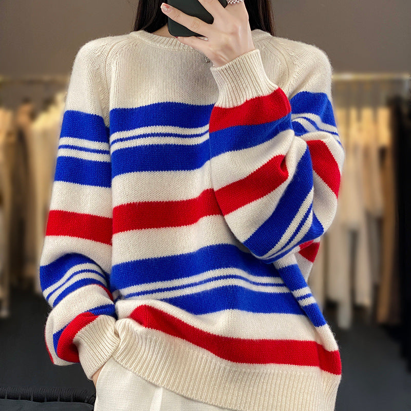 Damen Oversize Streifenpullover mit Rundhalsausschnitt Rot Blau Cremeweiß