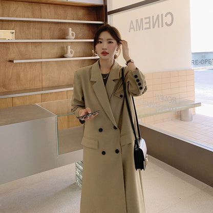 Damen Langer Trenchcoat Mantel Zweireihig Beige Reverskragen