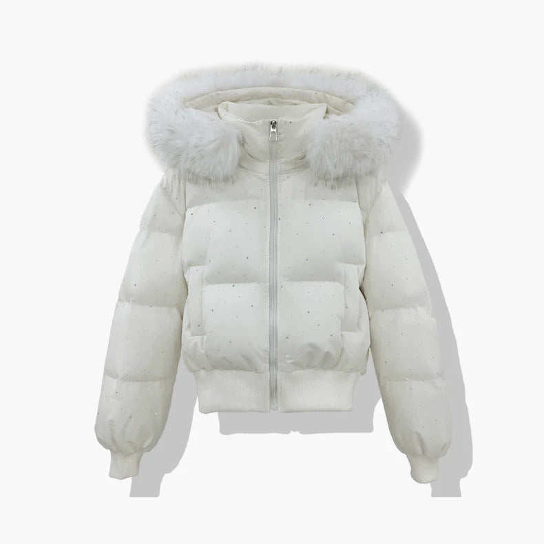Kurze Pufferjacke für Damen mit Kunstfellkapuze und Glitzerdetails