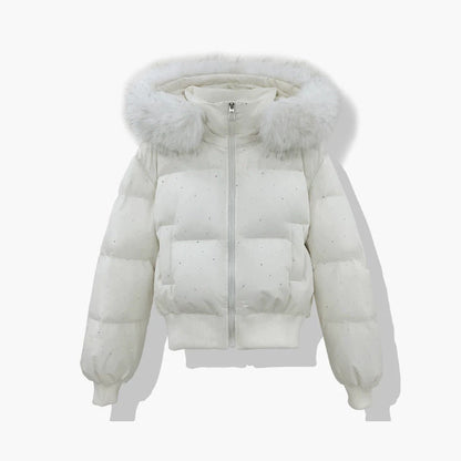 Kurze Pufferjacke für Damen mit Kunstfellkapuze und Glitzerdetails