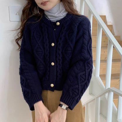 Damen Marineblaue Strickjacke mit Zopfmuster, kurze Passform