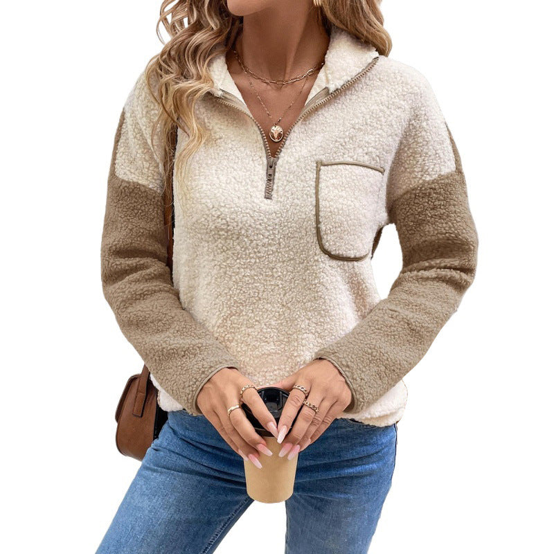 Damen Teddy-Fleece Oberteil mit Reißverschluss und Brusttasche