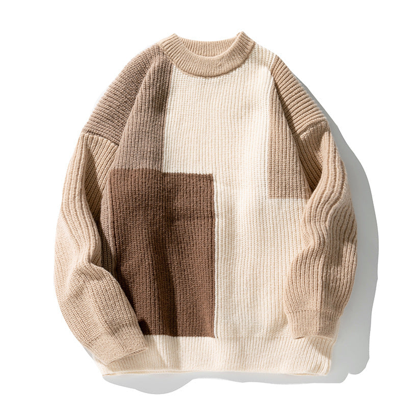 Strickpullover Herren Patchwork Blockfarben Rundhals Grobstrick