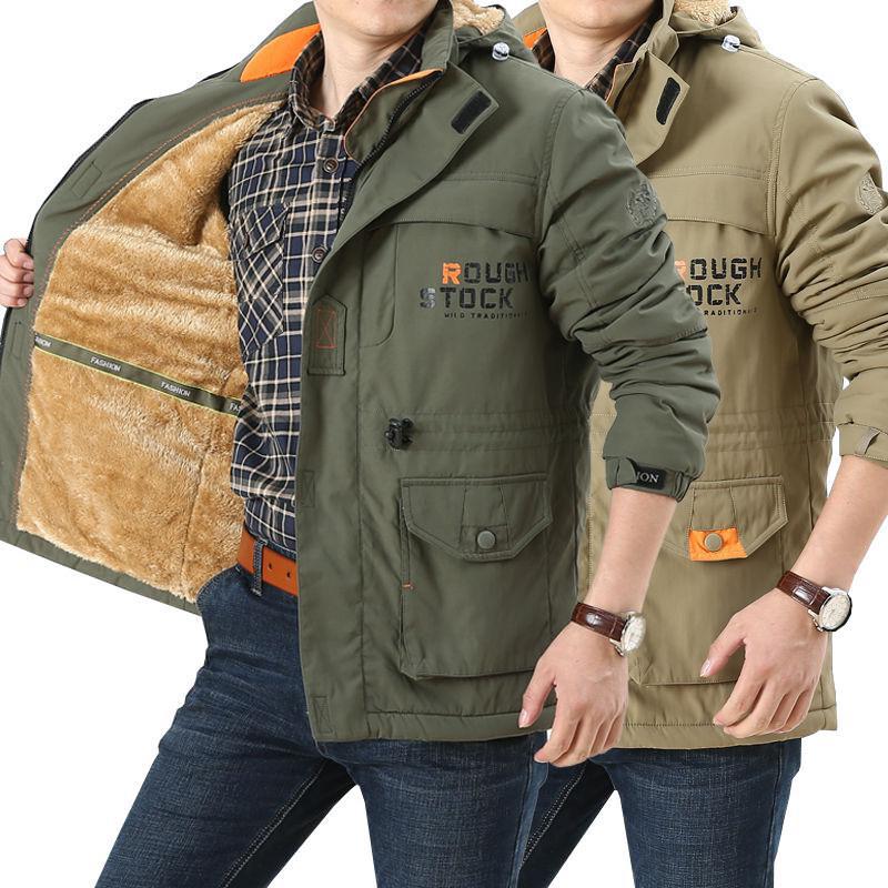 Herren Winterjacke mit Kapuze, Teddyfutter und Taschen, Warm Gefütterte Outdoor Jacke