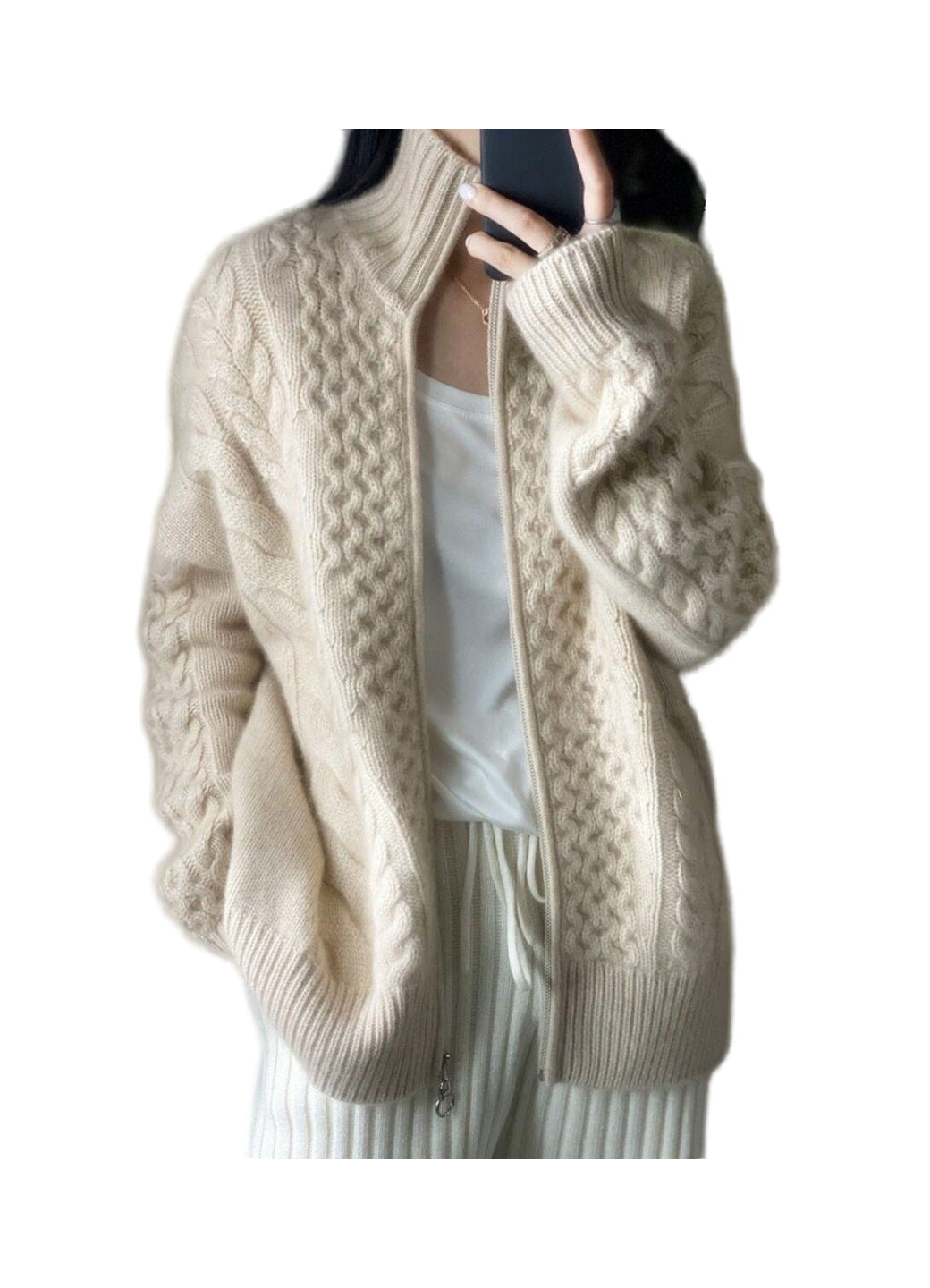 Damen Strickjacke mit Reißverschluss und Zopfmuster Hochgeschlossen