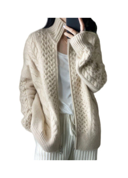 Damen Strickjacke mit Reißverschluss und Zopfmuster Hochgeschlossen