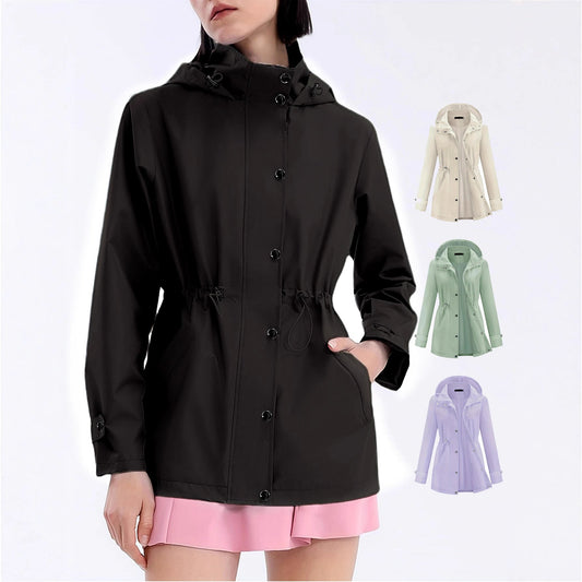Damen Regenjacke mit Kapuze und Tunnelzug in Elfenbein, Schwarz, Lavendel oder Olivgrün