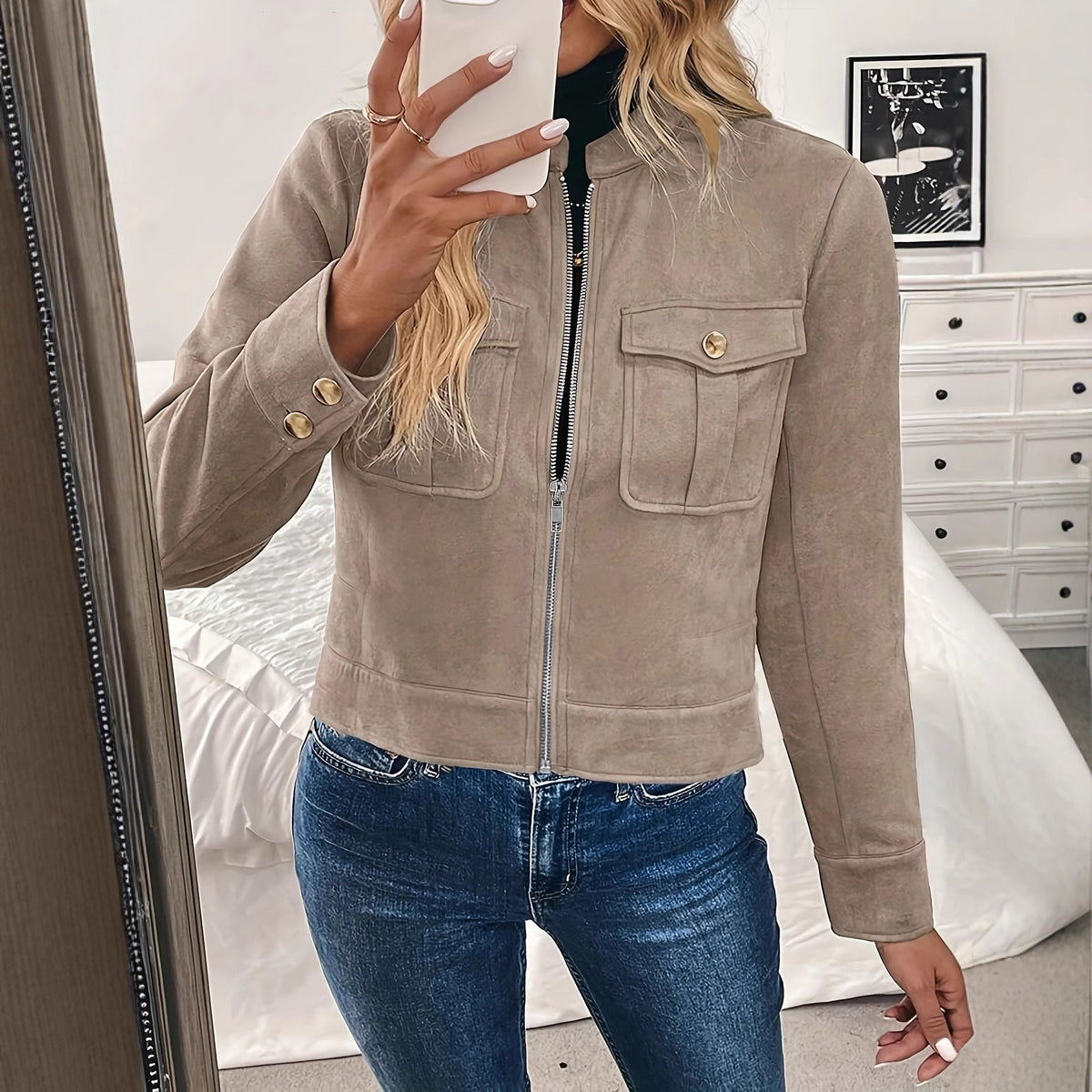 Damen Kurzjacke mit Reißverschluss und Klappentaschen