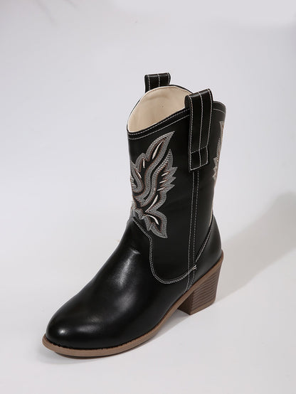 Damen Western Stiefel mit Stickerei, Cowboy Stiefeletten Blockabsatz