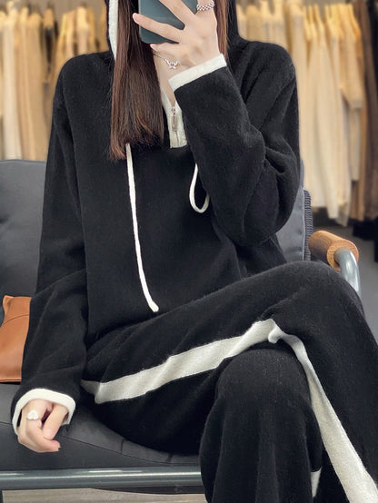 Damen Loungewear Set Schwarz Beige Reißverschluss Kapuzenpullover & weite Hose