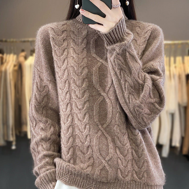 Damen Zopfstrick Pullover in Naturbeige mit Rundhalsausschnitt und Rippbündchen